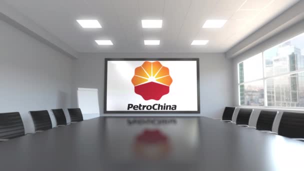 Petrochina-Logo auf dem Bildschirm in einem Besprechungsraum. redaktionelle 3D-Animation — Stockvideo