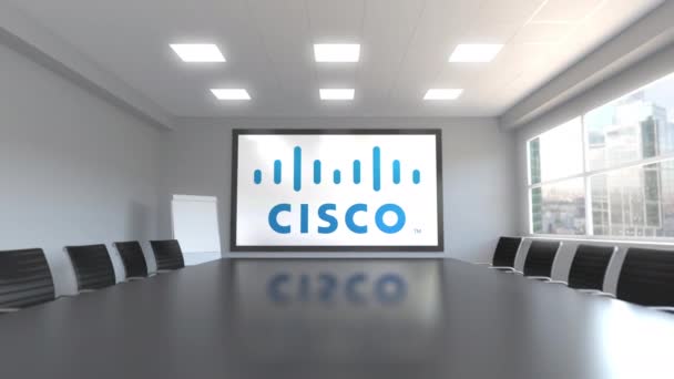 Logotipo de Cisco Systems en pantalla en una sala de reuniones. Animación Editorial 3D — Vídeo de stock