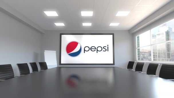 Logotipo da Pepsi na tela em uma sala de reuniões. Animação 3D editorial — Vídeo de Stock