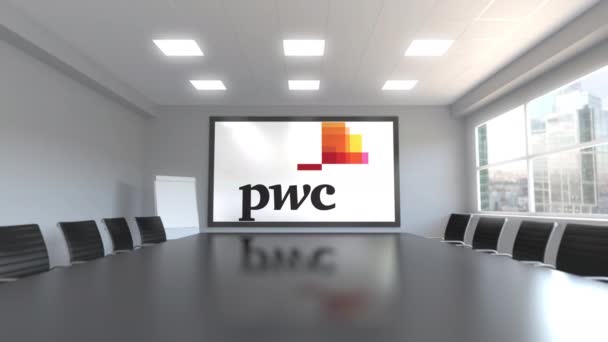 PricewaterhouseCoopers Pwc-logotypen på skärmen i ett mötesrum. Redaktionella 3d-animering — Stockvideo