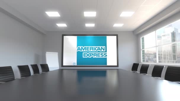 American Express Logo auf dem Bildschirm in einem Besprechungsraum. redaktionelle 3D-Animation — Stockvideo