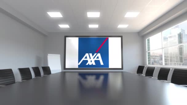 Logotipo AXA na tela em uma sala de reuniões. Animação 3D editorial — Vídeo de Stock