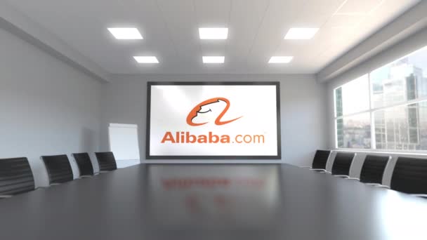 Alibaba.com logo op het scherm in een vergaderruimte. Redactionele 3d animatie — Stockvideo