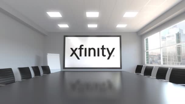 회의실에서 화면에 Xfinity 로고. 편집 3d 애니메이션 — 비디오