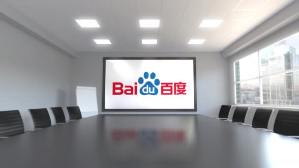 Baidu-Logo auf dem Bildschirm in einem Besprechungsraum. redaktionelle 3D-Animation — Stockvideo
