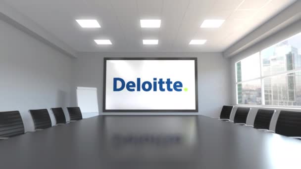 Logo Deloitte na ekranie w sali konferencyjnej. Redakcji animacji 3d — Wideo stockowe