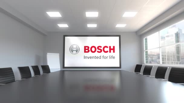 会議室でスクリーンのロバート ・ ボッシュ社のロゴ。3 d アニメーションの編集 — ストック動画
