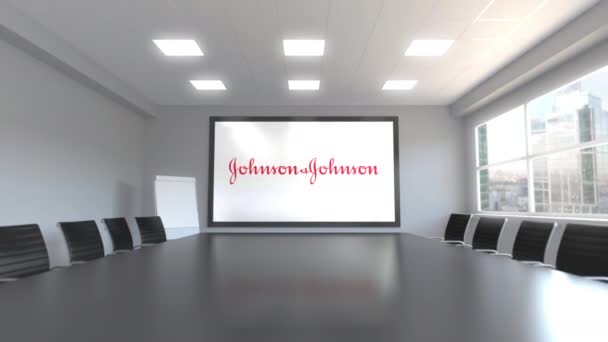 Логотип Джонсонов на экране в конференц-зале. Редакционная 3D анимация — стоковое видео