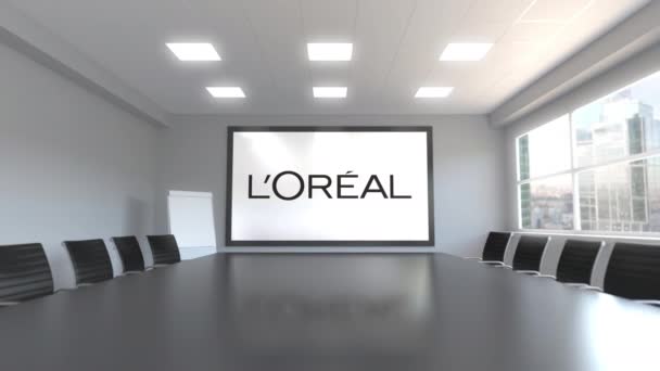 Loreal logotypen på skärmen i ett mötesrum. Redaktionella 3d-animering — Stockvideo