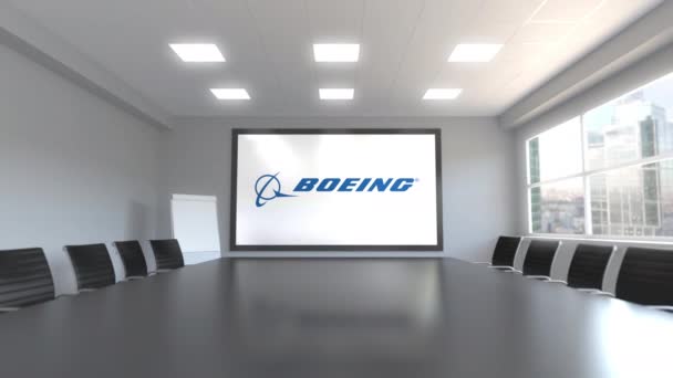 Logotipo de Boeing Company en la pantalla de una sala de reuniones. Animación Editorial 3D — Vídeo de stock