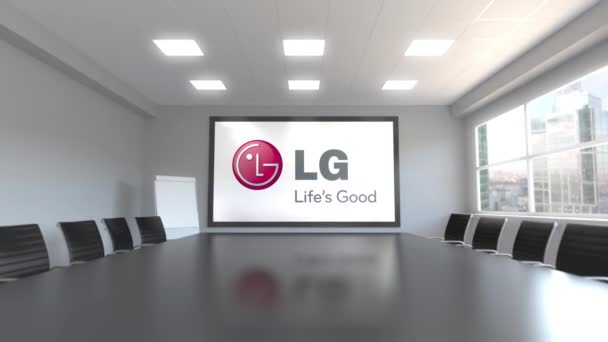 LG Corporation-logo op het scherm in een vergaderruimte. Redactionele 3d animatie — Stockvideo