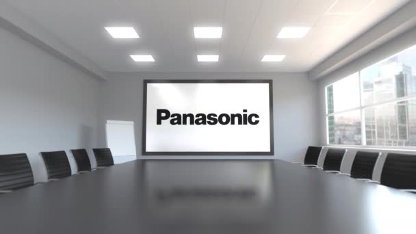 Panasonic Corporation logo na ekranie w sali konferencyjnej. Redakcji animacji 3d — Wideo stockowe