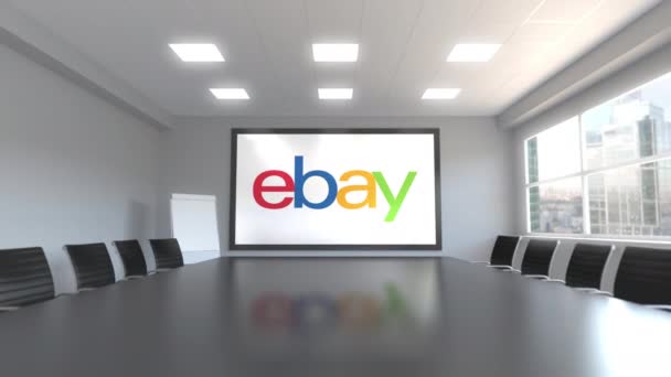 Ebay inkl. Logo auf dem Bildschirm in einem Besprechungsraum. redaktionelle 3D-Animation — Stockvideo