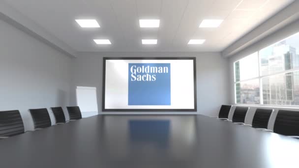 De Goldman Sachs Group-logo op het scherm in een vergaderruimte. Redactionele 3d animatie — Stockvideo