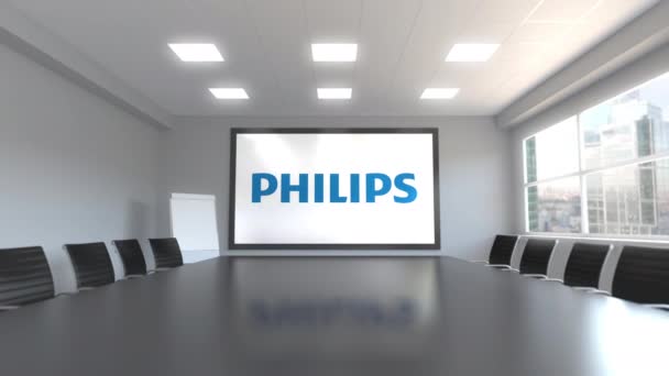 Philips logo op het scherm in een vergaderruimte. Redactionele 3d animatie — Stockvideo