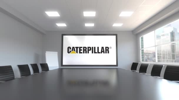 Logo de Caterpillar Inc. en la pantalla de una sala de reuniones. Animación Editorial 3D — Vídeo de stock