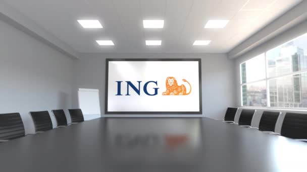 Logotipo del Grupo ING en la pantalla de una sala de reuniones. Animación Editorial 3D — Vídeo de stock