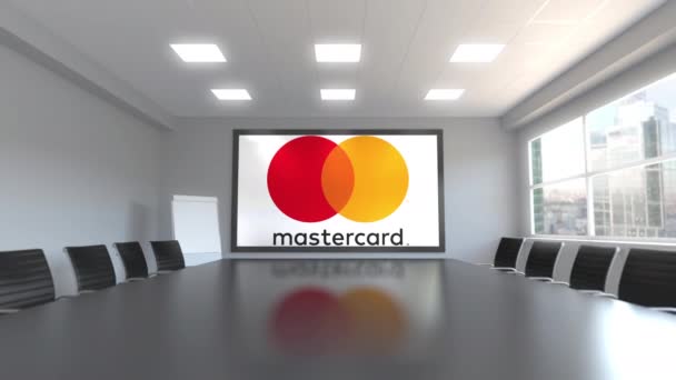 Логотип MasterCard на экране в конференц-зале. Редакционная 3D анимация — стоковое видео