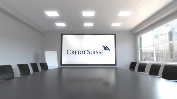 Das Logo der credit suisse group auf dem Bildschirm in einem Konferenzraum. redaktionelle 3D-Animation — Stockvideo