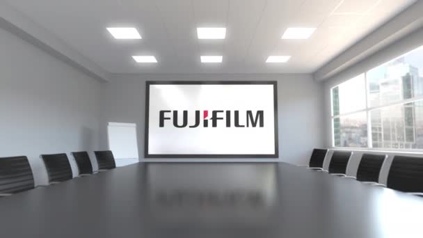 Fujifilm logó a képernyőn a terem. Szerkesztői 3d animáció — Stock videók