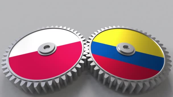 波兰和哥伦比亚的旗子在啮合齿轮。国际合作概念动画 — 图库视频影像