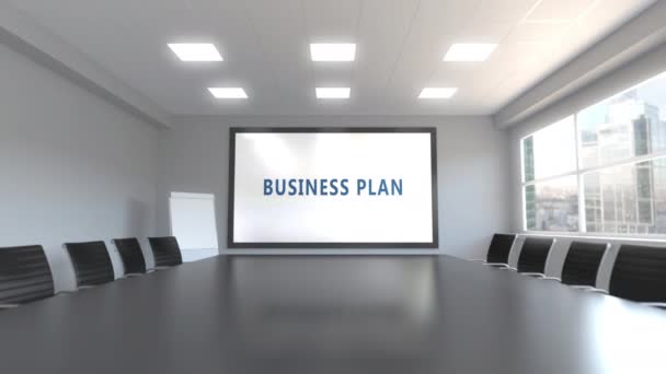 회의실에서 화면에 사업 계획 캡션 — 비디오