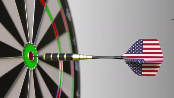 Flags of the United Kingdom and the USA on darts hitting bullseye of the target. International cooperation or competition conceptual animation — Stock Video