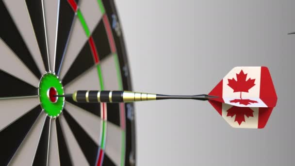 Flags of the United Kingdom and Canada on darts hitting bullseye of the target. International cooperation or competition conceptual animation — Stock Video