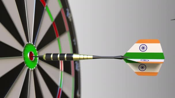 Flags of Australia and India on darts hitting bullseye of the target. International cooperation or competition conceptual animation — Stock Video