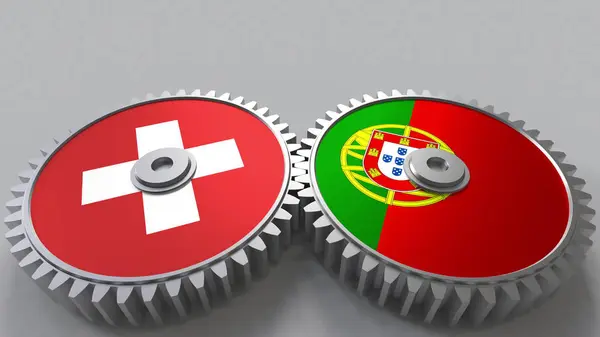 Flag Szwajcaria i Portugalia na zębatymi. Współpraca międzynarodowa pojęciowy renderowania 3d — Zdjęcie stockowe