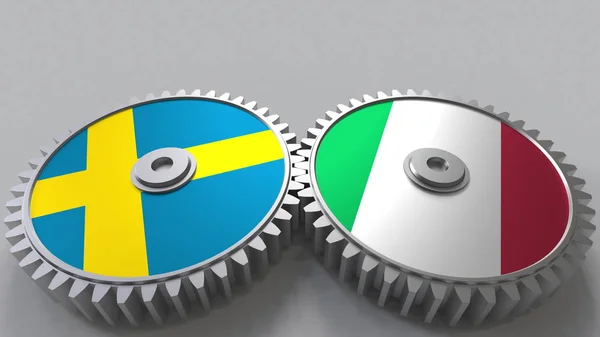 Vlajky Švédska a Itálie na záběru ozubených kol. Mezinárodní spolupráce koncepční 3d vykreslování — Stock fotografie