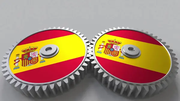 Projet national espagnol. Drapeaux de l'Espagne sur roues dentées mobiles. rendu 3D conceptuel — Photo