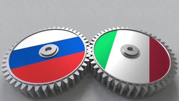 Vlajky z Ruska a Itálie na záběru ozubených kol. Mezinárodní spolupráce koncepční 3d vykreslování — Stock fotografie