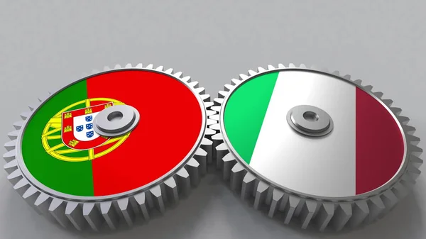 Bandeiras de Portugal e Itália em engrenagens de malha. Cooperação internacional conceitual renderização 3D — Fotografia de Stock