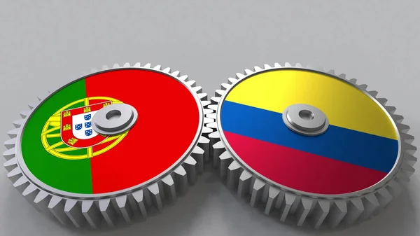 Bandiere del Portogallo e della Colombia sugli ingranaggi a maglie. Cooperazione internazionale concettuale rendering 3D — Foto Stock