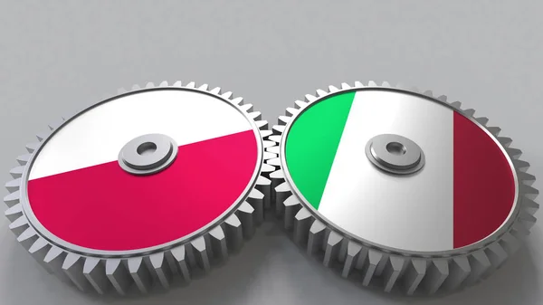 Прапори Польщі та Італії на сітки gears. Міжнародне співробітництво концептуальні 3d-рендерінг — стокове фото