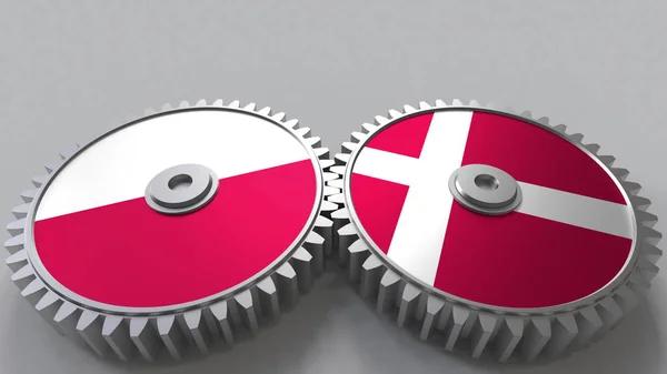 Flagi Polski i Danii na zębatymi. Współpraca międzynarodowa pojęciowy renderowania 3d — Zdjęcie stockowe