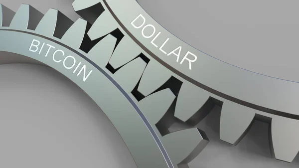 Mots DOLLAR et BITCOIN sur les engrenages. rendu 3D — Photo