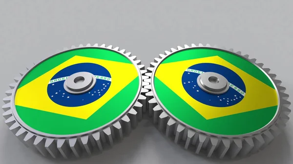 Brazilian national project. Flags of Brazil on moving cogwheels. Conceptual 3D rendering — Stock Photo, Image