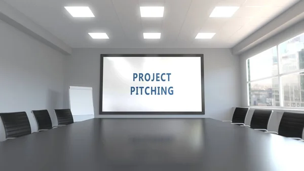 PROYECTO PITCHING título en la pantalla en una sala de reuniones. Renderizado 3D —  Fotos de Stock