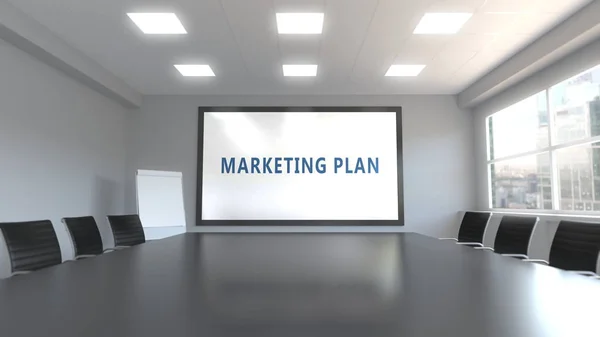 Beschriftung des Marketingplans auf dem Bildschirm in einem Besprechungsraum. 3D-Darstellung — Stockfoto