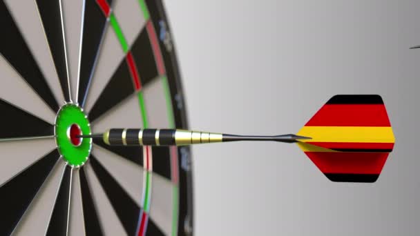 Flags of Iran and Germany on darts hitting bullseye of the target. International cooperation or competition conceptual animation — Stock Video