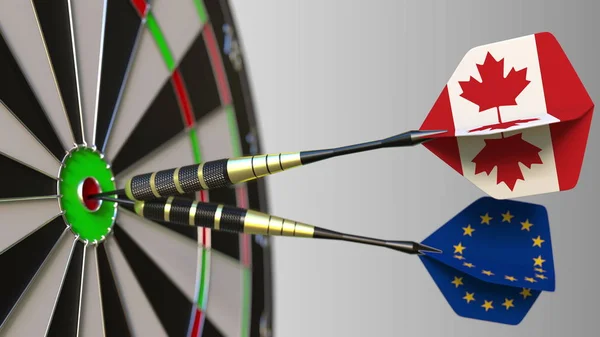 Flags of Canada and the European Union on darts hitting bullseye of the target. International cooperation or competition conceptual 3D rendering — Stock Photo, Image