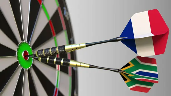 Franciaország és Dél-Afrika a darts ütő telitalálat a cél. Nemzetközi együttműködés, illetve a verseny fogalmi 3d-leképezés — Stock Fotó