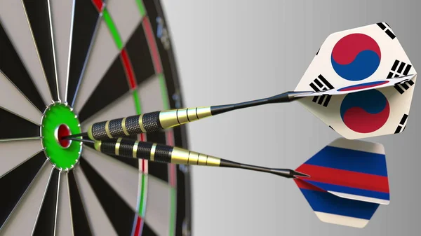 Zászlók, Dél-Korea és Oroszország a darts, ütő a cél telitalálat. Nemzetközi együttműködés, illetve a verseny fogalmi 3d-leképezés — Stock Fotó