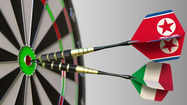 Zászlók, Észak-Korea és Olaszország a darts, ütő a cél telitalálat. Nemzetközi együttműködés, illetve a verseny fogalmi 3d-leképezés — Stock Fotó