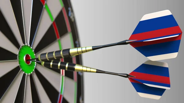 Russian national achievement. Flags of Russia on darts hitting bullseye. Conceptual 3D rendering — Stock Photo, Image