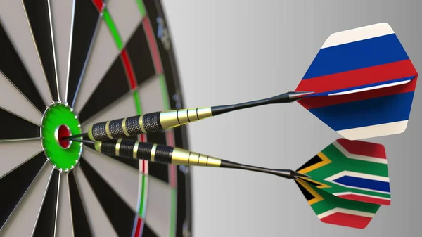 Oroszország és Dél-Afrika a darts ütő telitalálat a cél. Nemzetközi együttműködés, illetve a verseny fogalmi 3d-leképezés — Stock Fotó