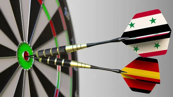 Suriye ve Almanya'ya bayrakları hedef isabet bullseye Dart. Uluslararası işbirliği ya da rekabet kavramsal 3d render — Stok fotoğraf