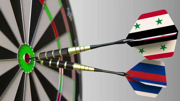 Rusya ve Suriye bayrakları hedef isabet bullseye Dart. Uluslararası işbirliği ya da rekabet kavramsal 3d render — Stok fotoğraf